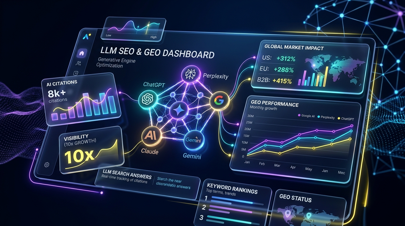 LLM SEO and GEO dashboard in Nano Banana style